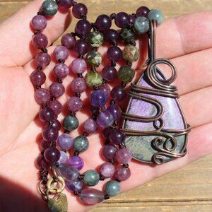Hand-Knotted Gemstone Necklace with Wire-Wrapped Purpurite Teardrop Pendant